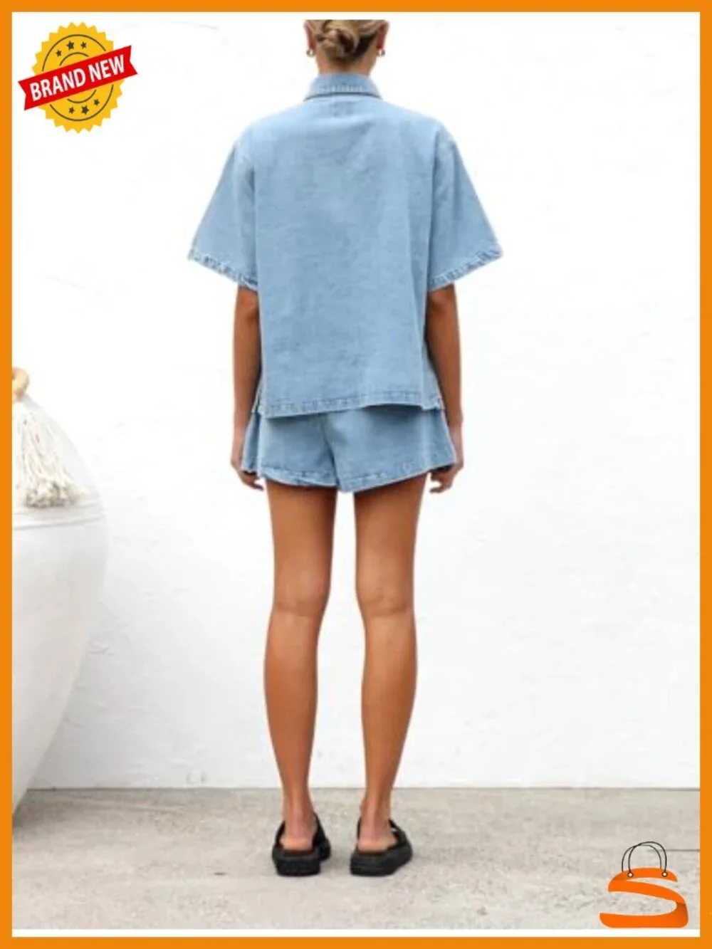Denim Short Sleeve Button Down Shirt & Wide Leg Shorts Set